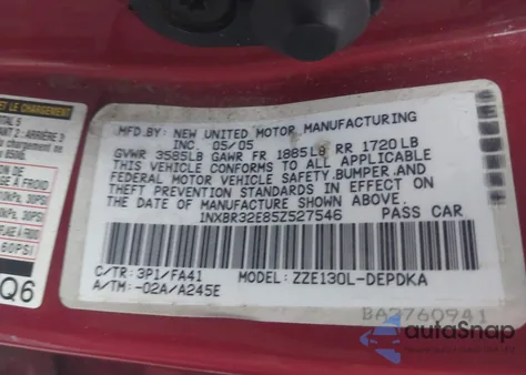 2005 Toyota Corolla Ce from USA, damaged, VIN 1NXBR32E85Z527546